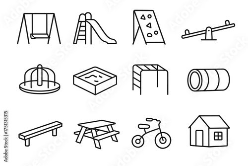 Playground equipment vector icons: swings, slide, seesaw, and more