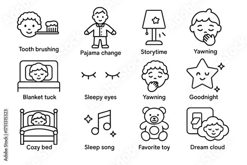 Children's bedtime routine: tooth brushing, pajamas, storytime, yawning, sleep