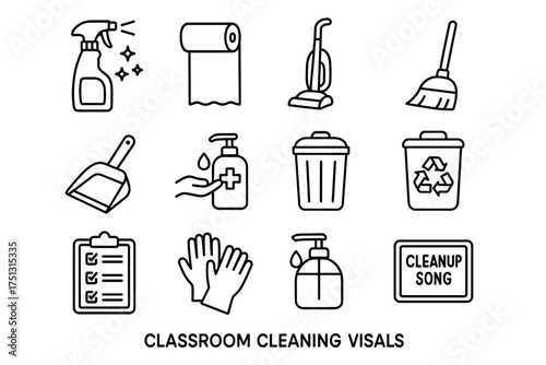 Classroom cleaning icons: supplies, hygiene, waste management, sanitizing, tasks
