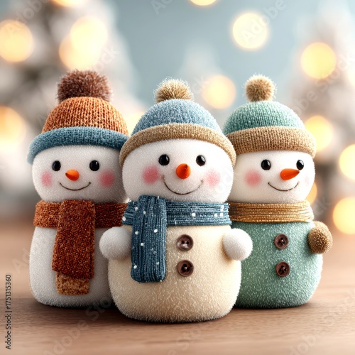 Three cheerful snowmen with cozy hats, scarves, and smiles create a joyful winter atmosphere in a holiday setting