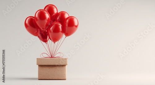 Red Balloons Rise From a Gift Box in a Minimalistic Setting