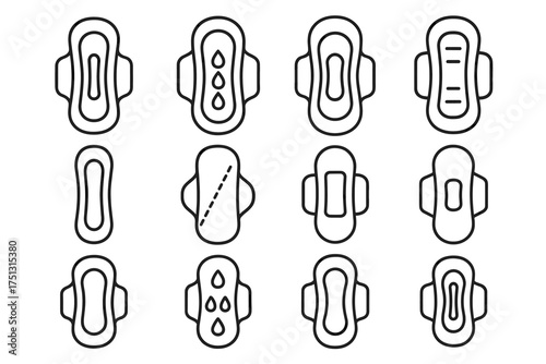 Set of menstrual pad icons illustrating various designs and absorbency levels