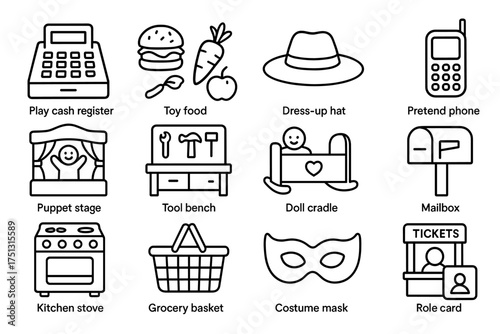 Children's play set with cash register, toy food, dress-up hat, and pretend phone icons