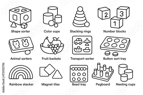Variety of educational toys for children: shape sorters, stacking rings, number blocks