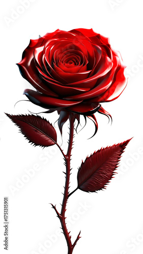 Vibrant red rose with thorns on a white background.
A single, vibrant red rose with a prominent blossom and detailed petals is set against a stark white background. 
