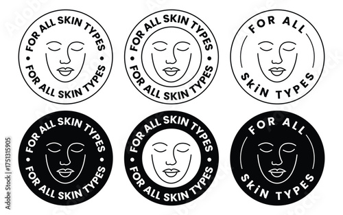 dermatologically tested for all skin types badge set. For all skin types label icon set. Face beauty women skin care packaging label for cream, toner, moisturizer, facial mask, lotion, logo, badge
