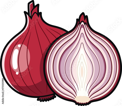 Red Onion Vector Illustration – Whole and Half Sliced Onion Showing Inner Layers