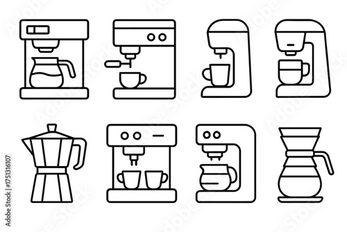 Collection of seven simple coffee maker icons in black outline style
