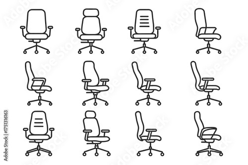 Collection of office chairs in different styles and angles
