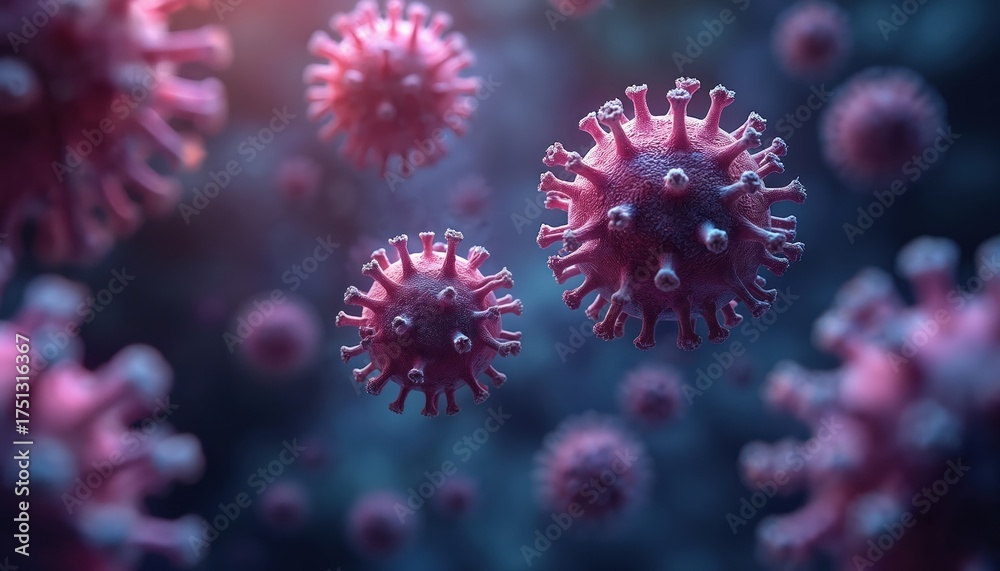 Fototapeta premium Viral particles floating in dark environment. Red, purple viruses visible. Microbiology pathogens shown. Virus cells examined. Medical science research conducted. Disease control studied.