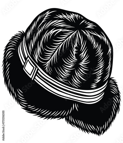 Monochromatic line art illustration of a luxurious winter fur hat. This isolated fashion accessory design element showcases detailed texture, providing warmth and vintage style for cold climates