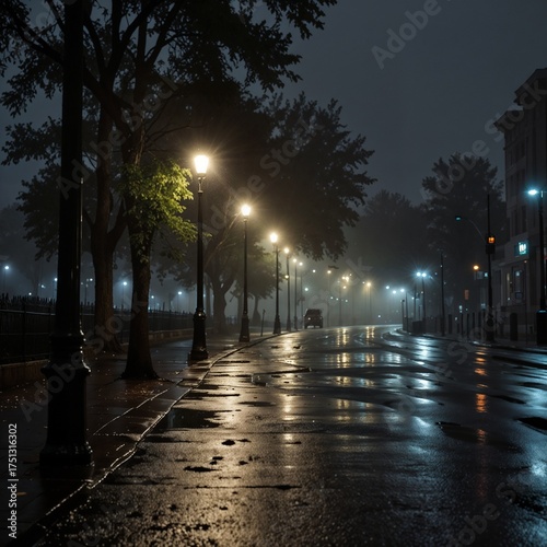 Quiet street illuminated by street lamps in a foggy night scene 
