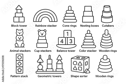Educational toy collection: stackers, towers, and shape sorters for child development