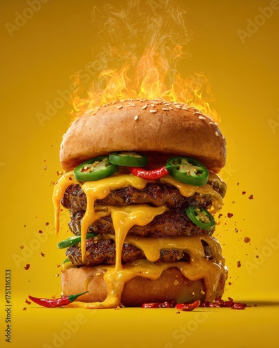 Flaming spicy burger with cheese and jalapeños on a yellow background delivers an explosion of flavor and heat