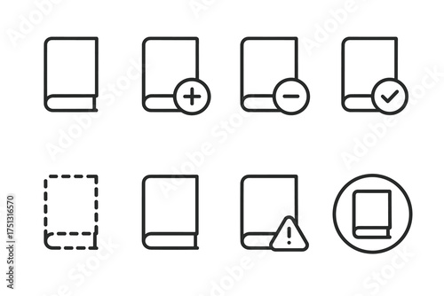 Minimalist book icons set: add, remove, alert, complete, placeholder, error
