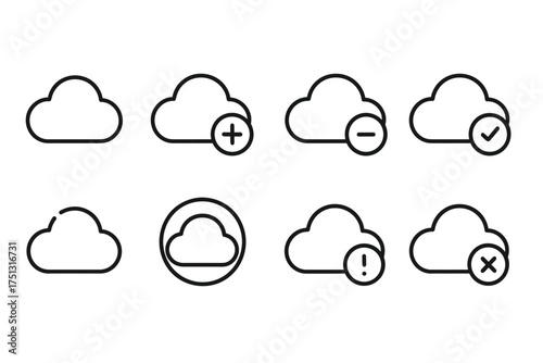 Cloud icon set: plus, minus, check, alert, and more variations in outline design