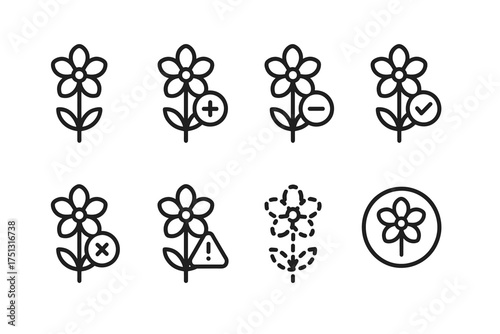 Outline icons of flowers with symbols for interaction and status indication