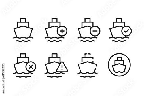 Set of line icons depicting ships with various symbols including plus minus and alert