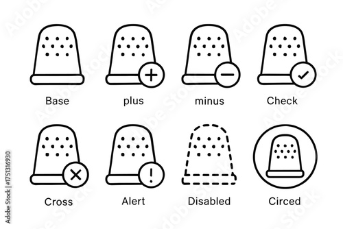 Thimble icon set: plus, minus, check, cross, alert, disabled, circled variations