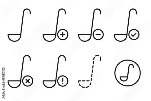 Minimalist kitchen ladle icon set with various symbols and line art variations