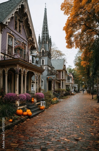 Spooky Autumn Evening in an Old Haunted House With Pumpkins and Cobblestone S...