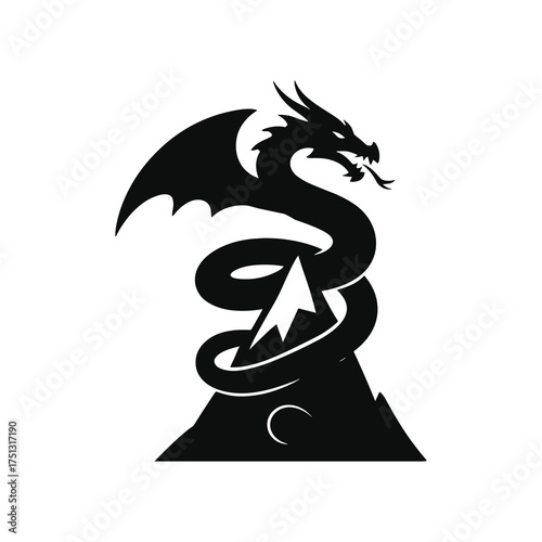 Dragon Coiled Around Mountain Peak – Mythic Guardian Silhouette