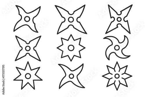 Set of nine black shuriken outlines on white background
