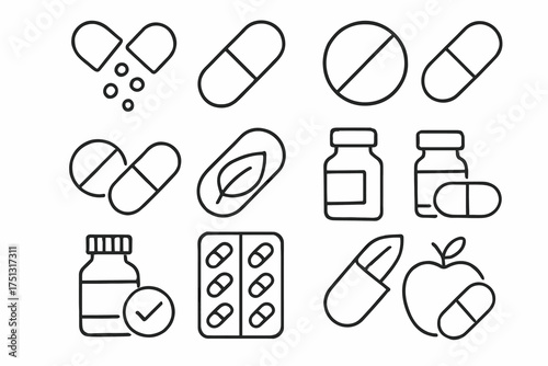 Various medicine icons including pills and bottles in black outline