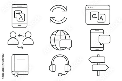 Language translation icons: mobile, global, communication, book, headset, direction