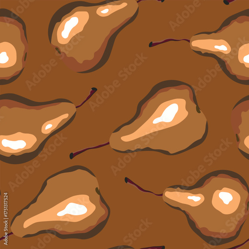 Seamless pattern with pear on color background. Natural delicious fresh ripe tasty fruit. Sweet pears with leaves. Food concept. Vector illustration for print, fabric, textile.
