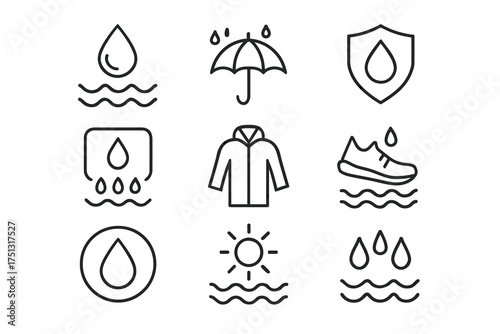 Weather and waterproof icons: umbrella, raincoat, sun, water drop symbols