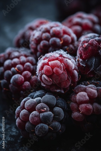 Frozen Blackberries Glistening in the Light on a Dark Background