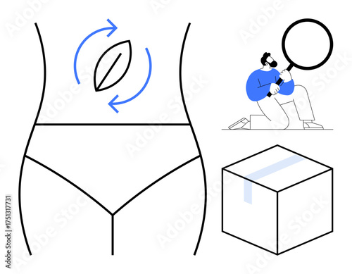 Outlined human torso symbolizing digestion, man with a magnifying glass inspecting, cube illustration. Ideal for wellness, nutrition, healthcare, research, analysis, anatomy minimal flat metaphor