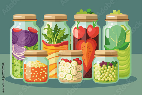 Layered salad ingredients in glass jars for healthy meals in each jar, layer by layer, including chopped cabbage and chopped cucumber, chopped lettuce, chopped carrot, chopped tomato, chickpea and bar