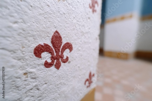 Detailed Close-Up of Red Fleur-De-Lis Design on Textured Wall