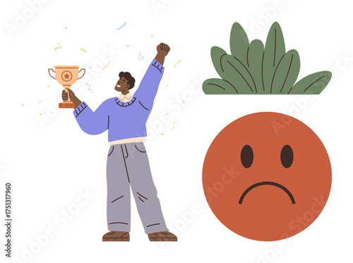 Person raising trophy with confetti to signify achievement, sad face nearby highlighting emotional contrast. Ideal for success, competition, emotion, duality, victory, introspection, life journey