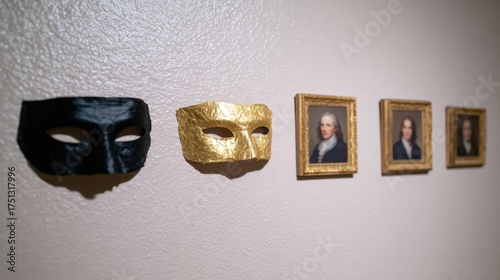 Artistic Display of Masks Next to Vintage Portraits on Wall