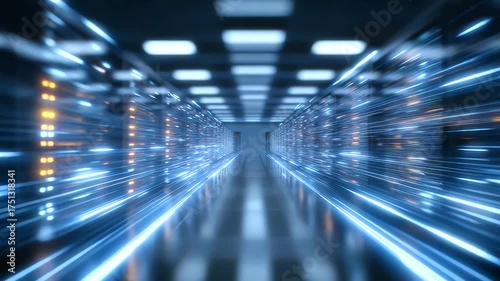 Macro shot of a futuristic data center with neon blue light trails moving through transparent servers, representing artificial intelligence. Extremely detailed, high-resolution, sh