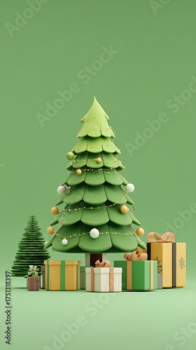 Creative Paper Christmas Tree With Colorful Presents on a Green Background
