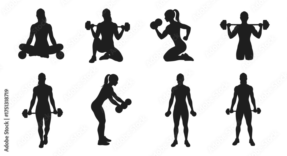 Naklejka premium Silhouettes of women performing diverse weightlifting and yoga exercises