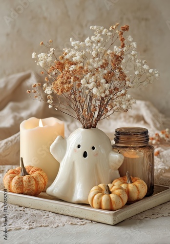 Cute Ghost Vase With Dried Flowers and Mini Pumpkins on a Cozy Table Setting ...