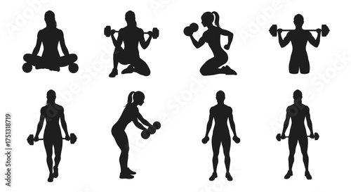 Silhouettes of women performing diverse weightlifting and yoga exercises