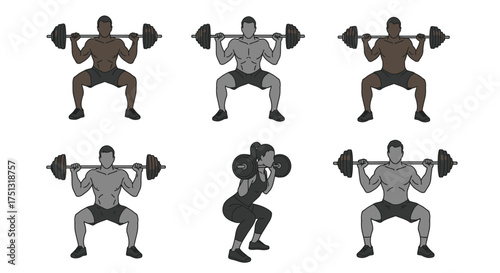 Illustrative guide demonstrating various barbell squat exercise positions and forms