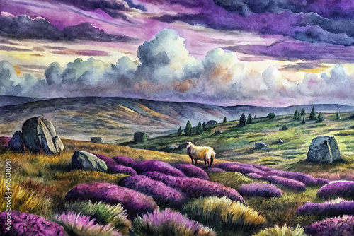 moorland landscape, foggy heath, purple heather, stone circles, grazing sheep, dramatic sky, eerie nature, fantasy illustration, mystical art