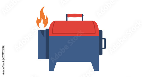 A simple illustration of a red and gray portable barbecue grill with flame