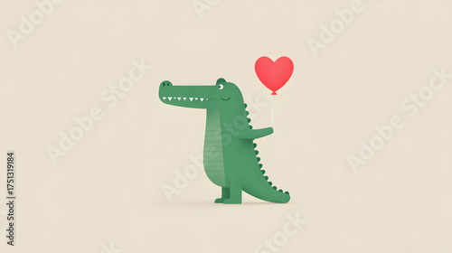 Green alligator mascot holding red heart balloon. Cartoon character for greeting card, children story, or Valentine's Day. Love and celebration concept.