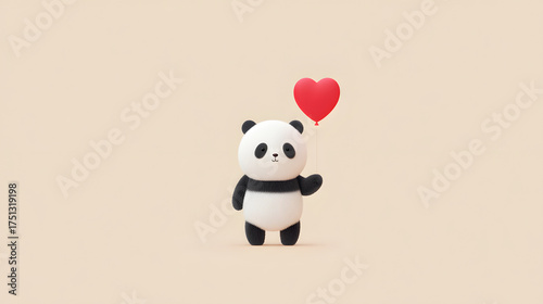 Cute panda animal toy holding a red heart balloon. Cartoon character for greeting card, Happy Valentine’s Day, or romantic message for kid.