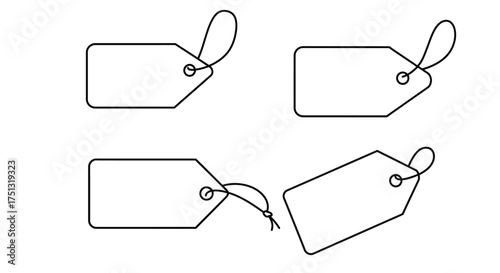 Four simple blank tags with string loops isolated on white background