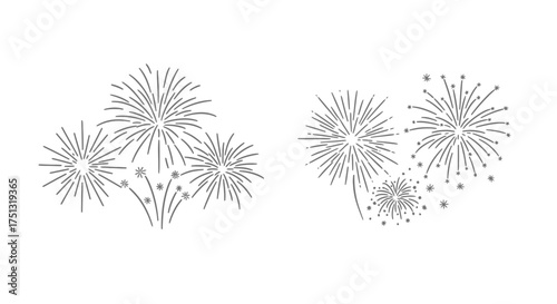 Simple black and white illustration depicting a festive firework display scene