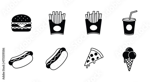 Black and white illustrations of various fast food items displayed neatly